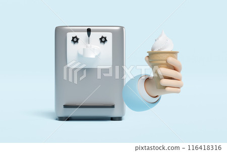 Ice cream cone making machine with hand holding waffle cone isolated on blue background. 3d render illustration Ice cream cone making machine with hand holding waffle cone isolated on blue background. 3d render illustration 116418316