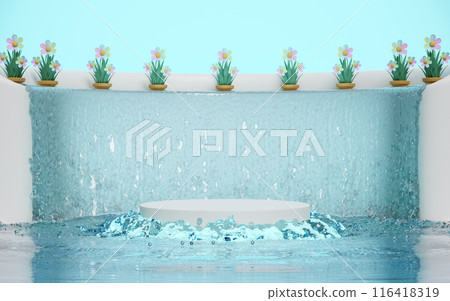 Podium empty with flower pot, waterfall background. cosmetic display product stage, 3d illustration render 116418319