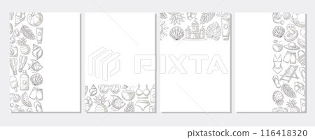 Set of summer minimalist vertical a4 poster, monochrome gray beach elements, accessories icons. Left, right side, upper, bottom border frame, copy space, isolated on white. For banner, invitation 116418320