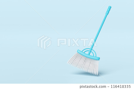 3d cleaning broom long isolated on blue background. cleaning tool equipment, 3d illustration render 116418335