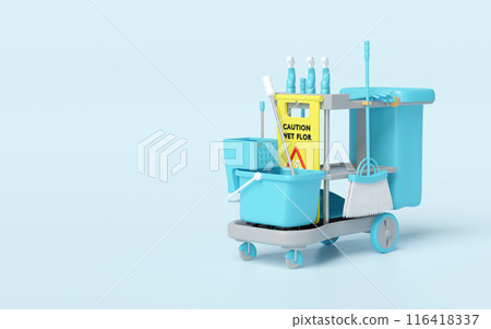 3d cleaning cart with broom, dustpan, mop, plastic bucket, rubber gloves, spray bottle, caution slippery sign isolated on blue background. cleaning tool equipment, 3d illustration render 116418337