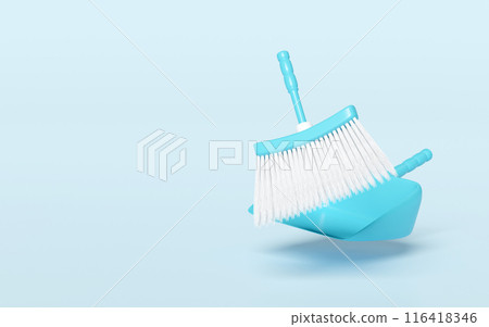 3d cleaning broom and dustpan isolated on blue background. cleaning tool equipment, 3d illustration render 116418346