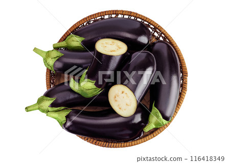 eggplant in a wicker basket isolated on white background with full depth of field. Top view. Flat lay 116418349