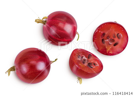 Red gooseberry isolated on white background. Top view. Flat lay. Red gooseberry isolated on white background. Top view. Flat lay. 116418414