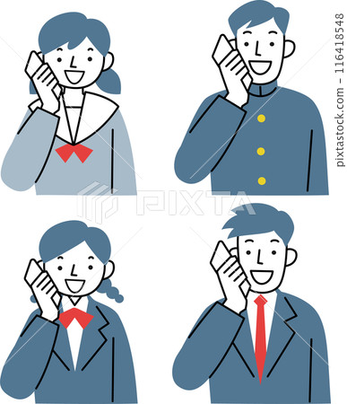 Male and female students in uniform talking on smartphones Male and female students in uniform talking on smartphones 116418548