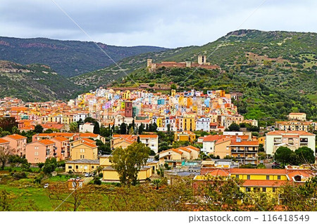 Panoramic view of the old town of Bosa, Sardinia Panoramic view of the old town of Bosa, Sardinia 116418549