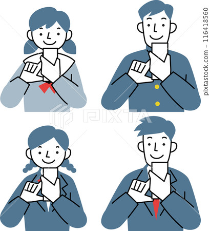 Male and female students in uniforms operating smartphones with a smile Male and female students in uniforms operating smartphones with a smile 116418560