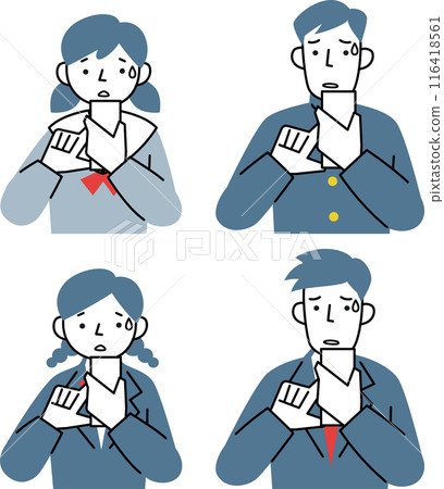 Male and female students in uniforms operating smartphones with troubled expressions 116418561