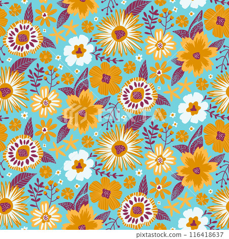 Floral Seamless Half Drop Pattern with Fantasy Flowers in Harvest Gold, Magenta, Light Blue, White. Repeat Wallpaper Print Texture for Scrapbooking Craft Paper, Textiles, Fabrics, Gift Wraps. 116418637