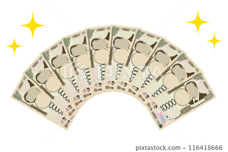 New 10,000 yen bills fanned out in 100,000 yen increments with glittering stars New 10,000 yen bills fanned out in 100,000 yen increments with glittering stars 116418666