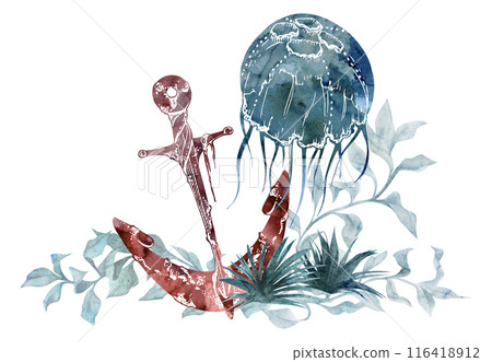 Watercolor and ink hand drawn marine life, sea ocean underwater creatures. fish, shells algae seaweed. Composition illustration, stylized, isolated on white. For zoo shop, aquarium, cosmetics, resort Watercolor and ink hand drawn marine life, sea ocean underwater creatures. fish, shells algae seaweed. Composition illustration, stylized, isolated on white. For zoo shop, aquarium, cosmetics, resort 116418912