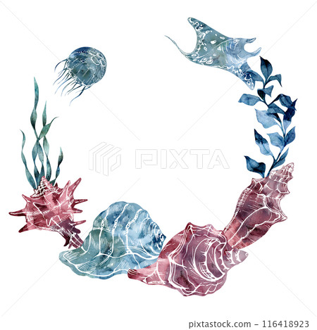 Watercolor and ink hand drawn marine life, sea ocean underwater creatures. fish, shells algae seaweed. Wreath frame illustration, stylized, isolated on white. For zoo shop, aquarium, cosmetics, resort 116418923