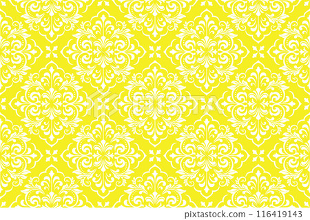 Wallpaper in the style of Baroque. Seamless vector background. White and yellow floral ornament. Graphic pattern for fabric, wallpaper, packaging. Ornate Damask flower ornament Wallpaper in the style of Baroque. Seamless vector background. White and yellow floral ornament. Graphic pattern for fabric, wallpaper, packaging. Ornate Damask flower ornament 116419143