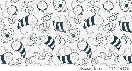 Cute bees doodle sketch style seamless pattern Cute bees doodle sketch style seamless pattern 116419476