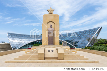 The Hazi Aslanov Monument in front of the entrance to the Funicular in Baku, Azerbaijan The Hazi Aslanov Monument in front of the entrance to the Funicular in Baku, Azerbaijan 116419492