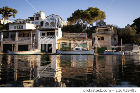 View of idyllic old fishing village harbor of Cala Figuera , Santanyi Mallorca View of idyllic old fishing village harbor of Cala Figuera , Santanyi Mallorca 116419493