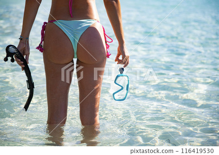 Young sexy woman in bikini posing on a beach with snorkel and diving goggles 116419530