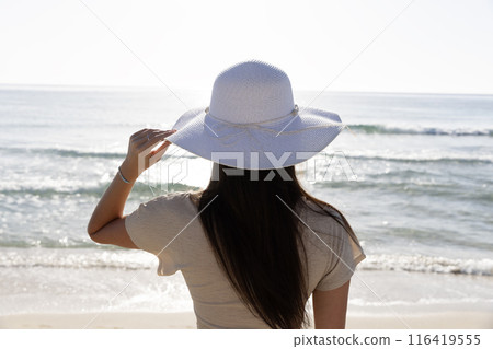 Pretty young sexy woman in bikini posing on a beach in summer on tropic island paradise 116419555