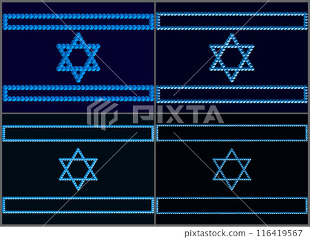 Israeli flags on a dark mournful background. Symbols of Israel based on the Penrose triangle. Monolithic basis of Israeli symbols based on unusual figures with violations of the laws of geometry 116419567