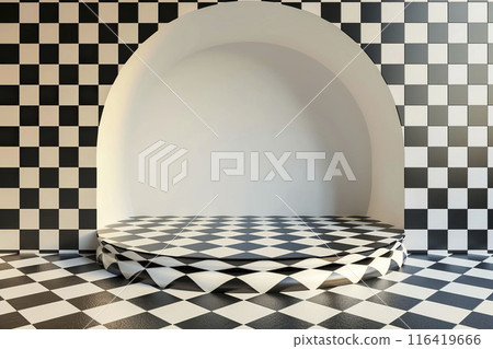 AI-generated item. Black and white checkered room with a round 3d podium. AI-generated item. Black and white checkered room with a round 3d podium. 116419666