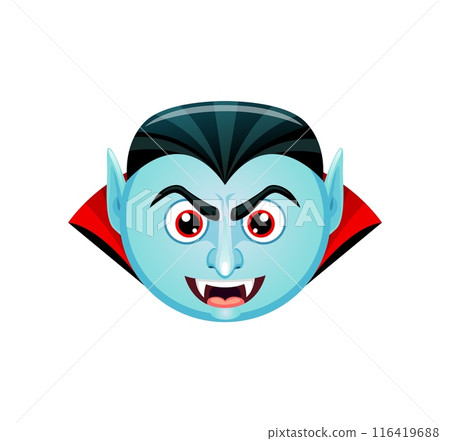 Cartoon Halloween vampire emoji character. Vector pale ghoul evil face emoticon with fangs and cape collar, ready for holiday fun. Cute and spooky count Dracula, bloodsucker emotion for festive chats Cartoon Halloween vampire emoji character. Vector pale ghoul evil face emoticon with fangs and cape collar, ready for holiday fun. Cute and spooky count Dracula, bloodsucker emotion for festive chats 116419688