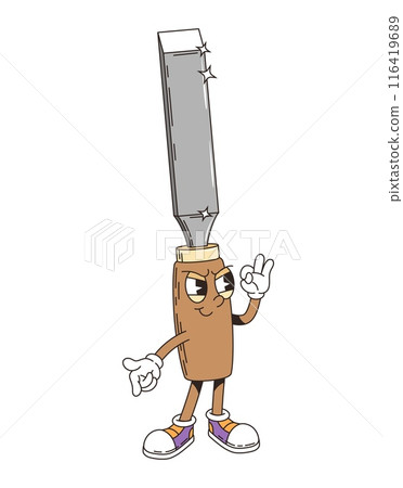 Retro groovy chisel bit tool character. Isolated cartoon vector funny diy, building, construction and repair instrument with googly eyes and mischievous grin, ready for creative carpentry workshop Retro groovy chisel bit tool character. Isolated cartoon vector funny diy, building, construction and repair instrument with googly eyes and mischievous grin, ready for creative carpentry workshop 116419689