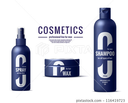 Shampoo, spray and hair wax package, men cosmetic products professional templates. Realistic 3d vector packaging sophisticated and modern look. Spray bottle, jar and flask for hair care and grooming 116419723