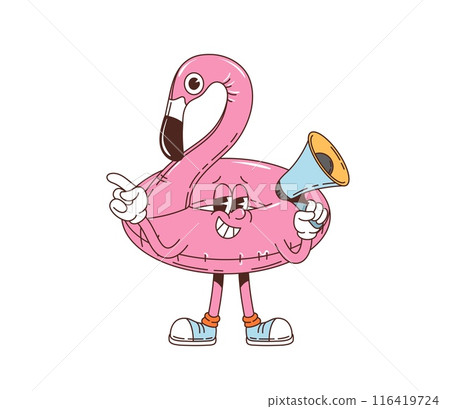 Retro groovy flamingo rubber floating ring character with a cheerful face, holding a megaphone and wearing sneakers. Isolated cartoon vector funky floater personage ready for safety in the pool or sea Retro groovy flamingo rubber floating ring character with a cheerful face, holding a megaphone and wearing sneakers. Isolated cartoon vector funky floater personage ready for safety in the pool or sea 116419724
