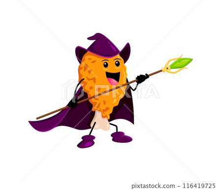 Cartoon Halloween chicken drumstick fast food mage, wizard and witch character. Isolated vector personage in a hat casting flavorful spells, conjuring a tasty magic and crispy enchantments with staff 116419725