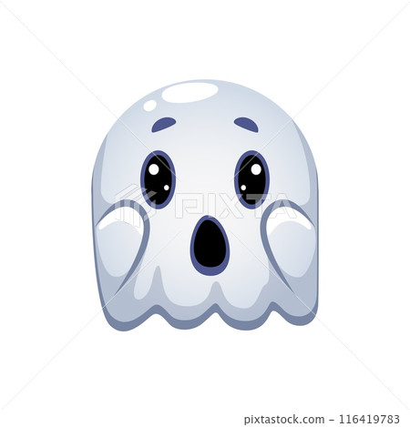 Cartoon Halloween emoji, surprised ghost character. Isolated vector kawaii spook radiate shock with wide, surprised eyes and open-mouthed expression, evoking charming mix of spookiness and innocence 116419783