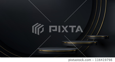 Black podium with golden frames. Realistic 3d vector floating round pedestal mockups. Elegant background with round platforms for promoting cosmetics products. Three elevated stages with gold borders Black podium with golden frames. Realistic 3d vector floating round pedestal mockups. Elegant background with round platforms for promoting cosmetics products. Three elevated stages with gold borders 116419798