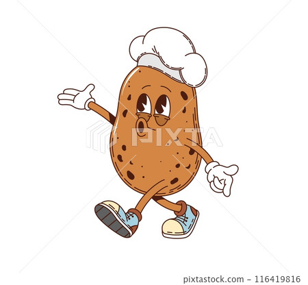 Potato retro groovy barbeque grill character. Isolated cartoon vector adorable ripe farm vegetable. Funky bbq personage wearing chef toque, sneakers and gloves, gesturing with happy face expression 116419816