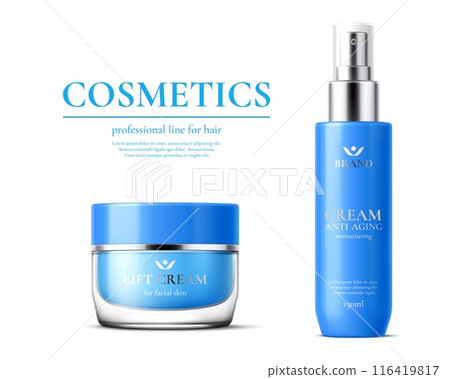 Lift and anti aging cream package, cosmetic product templates. Isolated realistic 3d vector mockups of moisturizing cosmetics in blue jar and bottle packaging for beauty or hydration, skincare routine 116419817