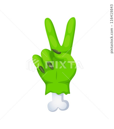 Cartoon Halloween zombi hand emoji. October celebration spooky monster palm sticker, Halloween festive or autumn season holiday scary smartphone emoji vector icon or zombi hand shoving victory gesture 116419843