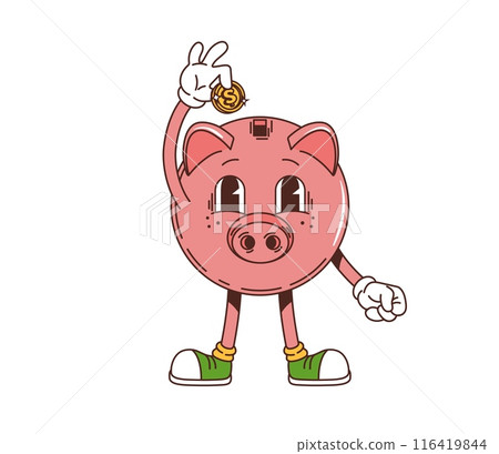 Retro groovy piggy bank character holding a coin and wearing sneakers, representing savings and finance. Isolated cartoon vector pink pig moneybox personage with a cheerful face, collecting money 116419844