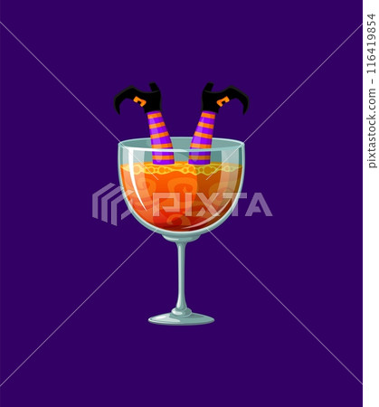 Halloween cocktail with a witch legs adorned with striped stockings and boots with buckles sticking out the orange bubbling liquid, Isolated cartoon vector chilling drink, spooky bar menu beverage Halloween cocktail with a witch legs adorned with striped stockings and boots with buckles sticking out the orange bubbling liquid, Isolated cartoon vector chilling drink, spooky bar menu beverage 116419854