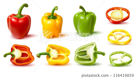 Realistic ripe raw bell pepper vegetable. Whole, half and and slice cutted veggie. Isolated 3d vector set of red, green and yellow paprika garden plants, halved and cut veg pieces, circles and stems 116419859