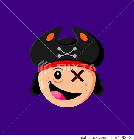 Halloween holiday pirate emoji cartoon character. Isolated vector corsair with cross eye, bandana, and tricorn hat. Spooky filibuster personage face with wide cheerful smile, app message emoticon 116419860