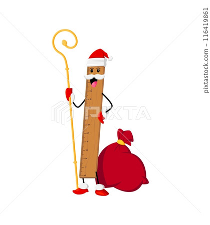 Cartoon Christmas ruler, school education item, stationery character. Isolated vector personage with Santa bag and staff bring academic cheer to holiday season with scholarly joy and magical merriment Cartoon Christmas ruler, school education item, stationery character. Isolated vector personage with Santa bag and staff bring academic cheer to holiday season with scholarly joy and magical merriment 116419861