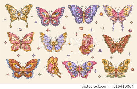 Retro groovy butterfly insects with daisy flowers and hearts. Vintage boho butterfly, psychedelic moth or funky hippie monarch vector insects with rainbow color floral ornaments on wings, groovy bugs Retro groovy butterfly insects with daisy flowers and hearts. Vintage boho butterfly, psychedelic moth or funky hippie monarch vector insects with rainbow color floral ornaments on wings, groovy bugs 116419864