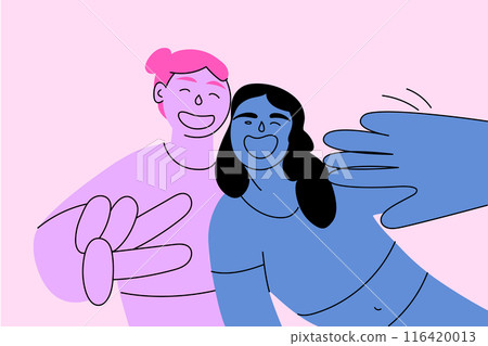 Two happy characters, one pink and one blue, taking selfie together, smiling and waving. Creative vector illustration. 116420013