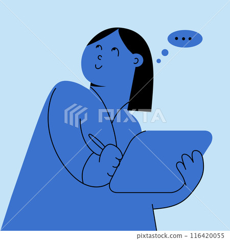 Blue drawn character holding tablet and pen, with thoughtful smiling face and speech bubble. Creative profession, designer, illustrator, online digital work 116420055