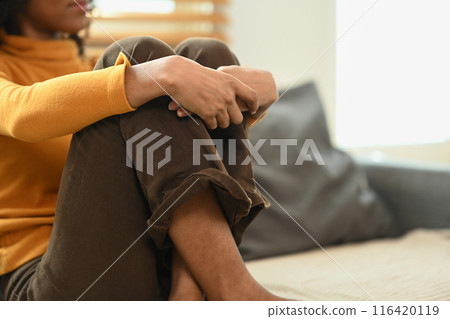 Pensive young woman hugging knees sitting on sofa, feeling lonely desperate Pensive young woman hugging knees sitting on sofa, feeling lonely desperate 116420119