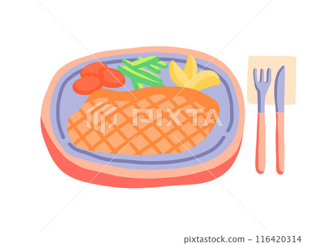 Illustration of beef steak served on a plate with knife and fork Illustration of beef steak served on a plate with knife and fork 116420314