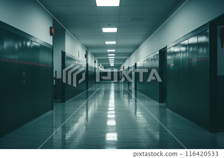 empty dark school corridor brurry background 116420533