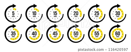 Stopwatch icons with pointer arrow. Colorful chronometer, time counter with dial. Countdown time, hours and minutes. Deadline, sport measurement. Cooking time label, sticker. Vector illustration Stopwatch icons with pointer arrow. Colorful chronometer, time counter with dial. Countdown time, hours and minutes. Deadline, sport measurement. Cooking time label, sticker. Vector illustration 116420597