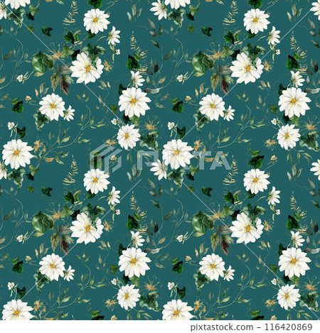 Watercolor floral seamless pattern featuring golden flowers, fern and herbs. Hand-drawn composition of a plant on a blue background. An outdoor illustration for design, printing or fabric background. Watercolor floral seamless pattern featuring golden flowers, fern and herbs. Hand-drawn composition of a plant on a blue background. An outdoor illustration for design, printing or fabric background. 116420869