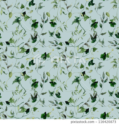 Watercolor floral seamless pattern featuring ferns, leaves and herbs. Hand-drawn composition of a plant on a light green background. An outdoor illustration for design, printing or fabric background. Watercolor floral seamless pattern featuring ferns, leaves and herbs. Hand-drawn composition of a plant on a light green background. An outdoor illustration for design, printing or fabric background. 116420873
