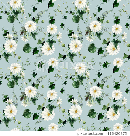 Watercolor floral seamless pattern featuring flowers, buds and herbs. Hand-drawn composition of a plant on a blue background. An outdoor illustration for design, printing or fabric background. 116420875