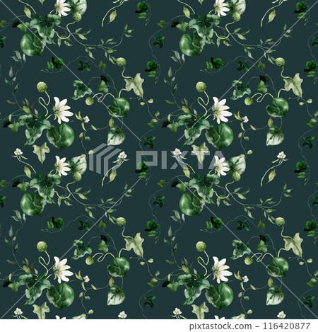 Watercolor floral seamless pattern featuring small flowers, buds and herbs. Hand-drawn composition of a plant on a green background. An outdoor illustration for design, printing or fabric background. Watercolor floral seamless pattern featuring small flowers, buds and herbs. Hand-drawn composition of a plant on a green background. An outdoor illustration for design, printing or fabric background. 116420877